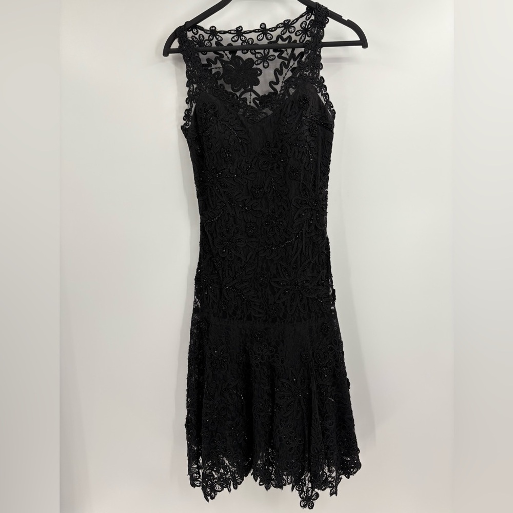 Cache Vintage Y2K Black Beaded Goth Witchy Flapper Mesh Flared Dress Size 2